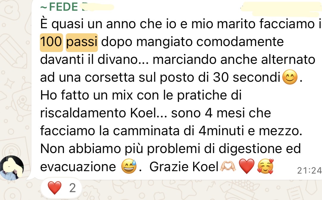 Messaggio di una koelina che racconta i 100 passi Koel dopo i pasti e il miglioramento di digestione ed evacuazione