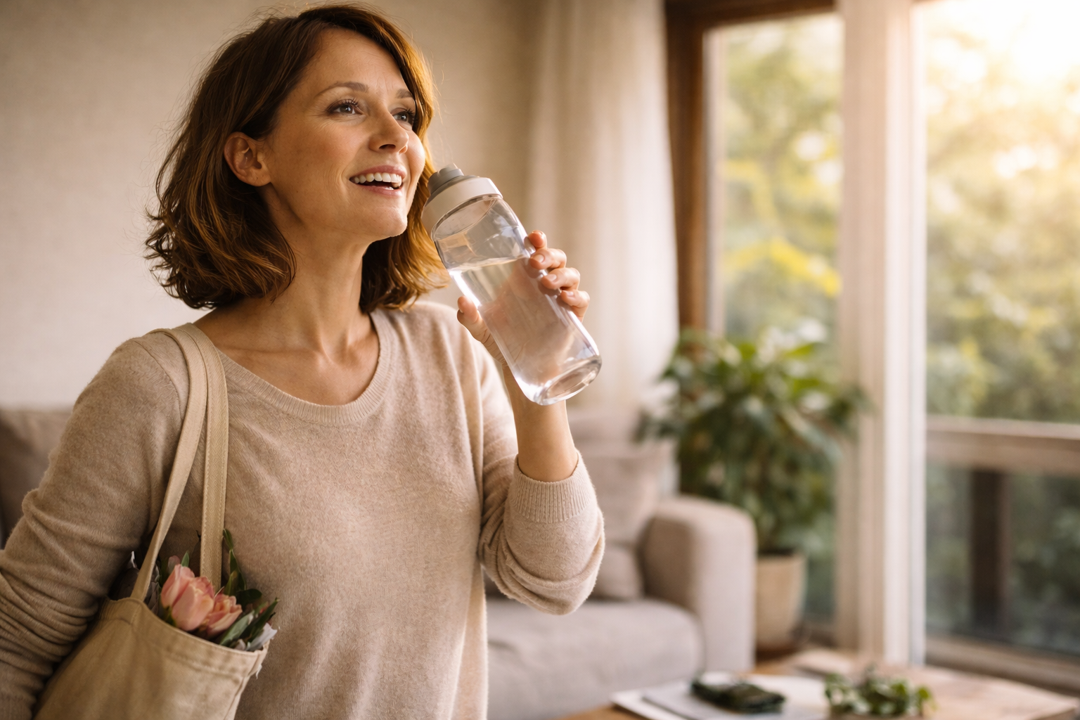 Energia nel pomeriggio donna attiva pomeriggio energia naturale luce finestra acqua