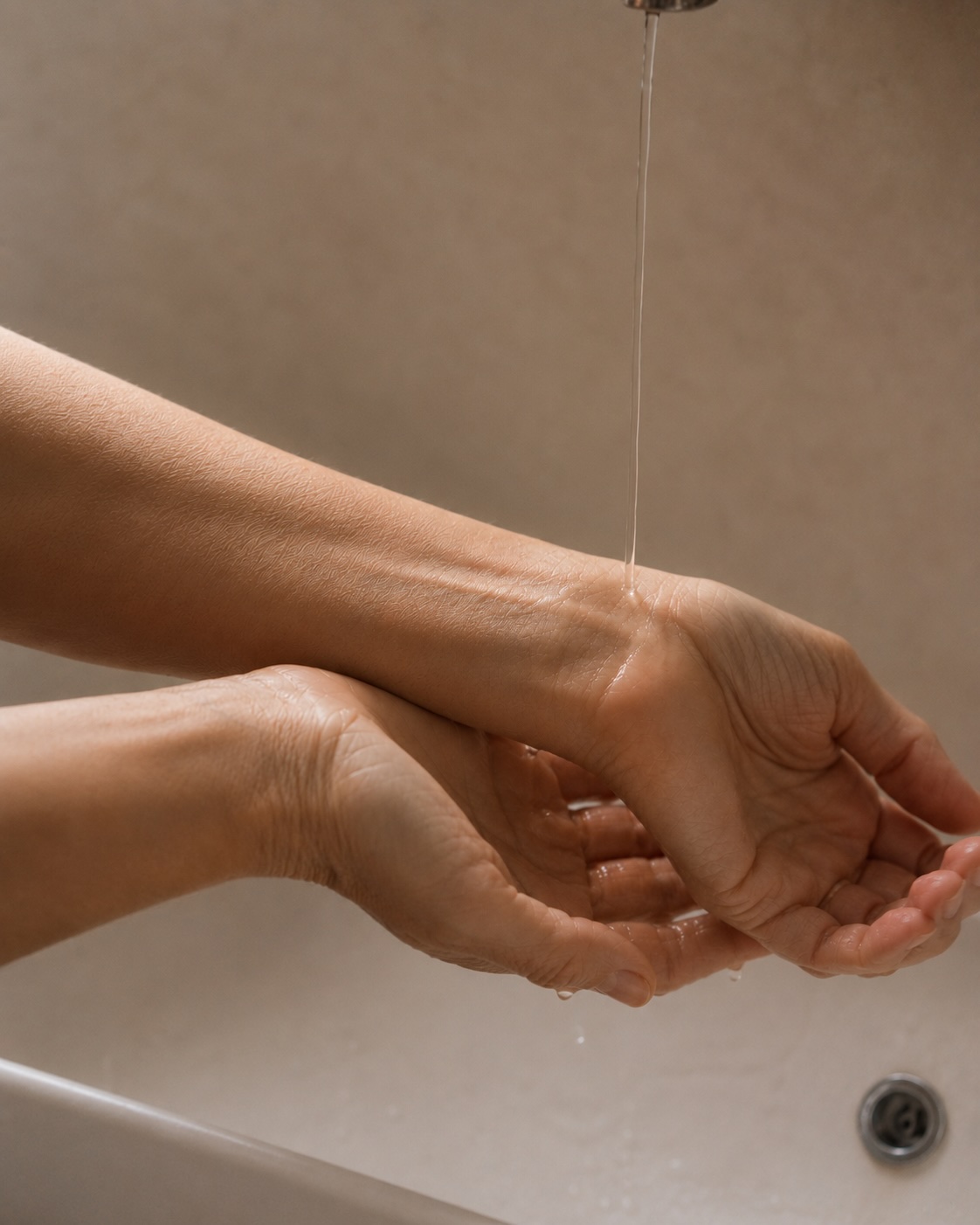 Polsi femminili sotto un filo d'acqua fresca al lavabo — gesto fisiologico per gestire una vampata