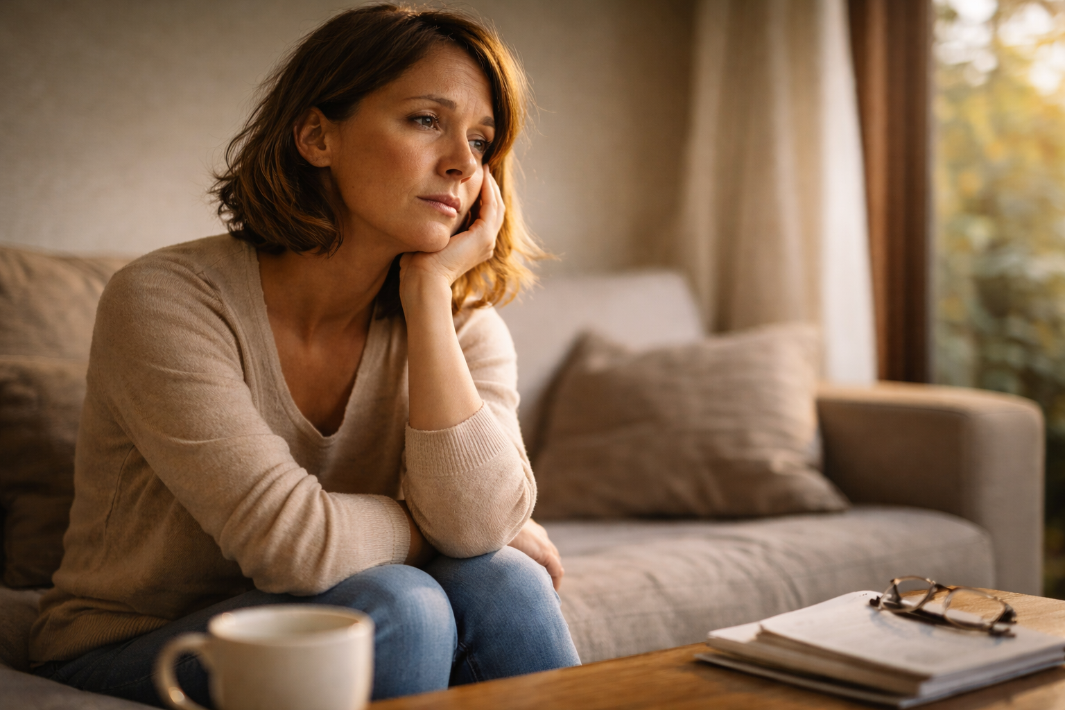 Stanchezza nel pomeriggio donna seduta stanca nel pomeriggio sul divano luce naturale