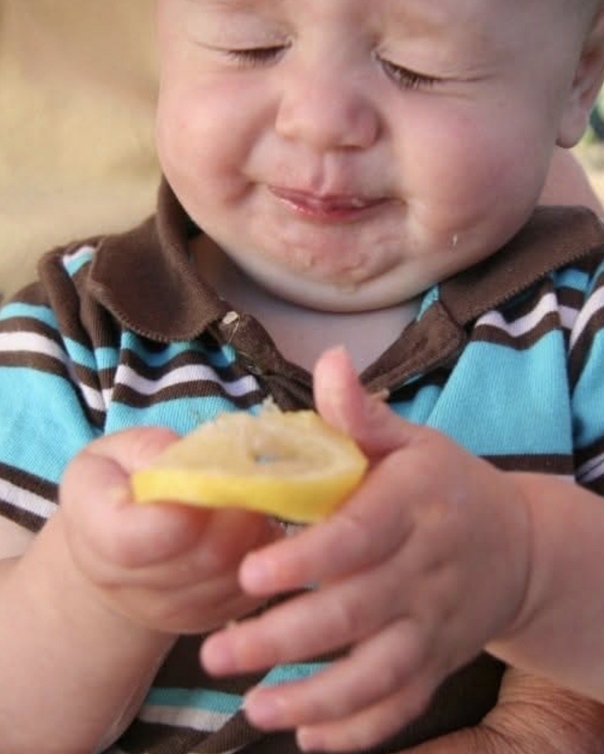 Il corpo reagisce a ciò che vede Bambino che arriccia le labbra assaggiando una fetta di limone, esempio di risposta della fase cefalica del corpo