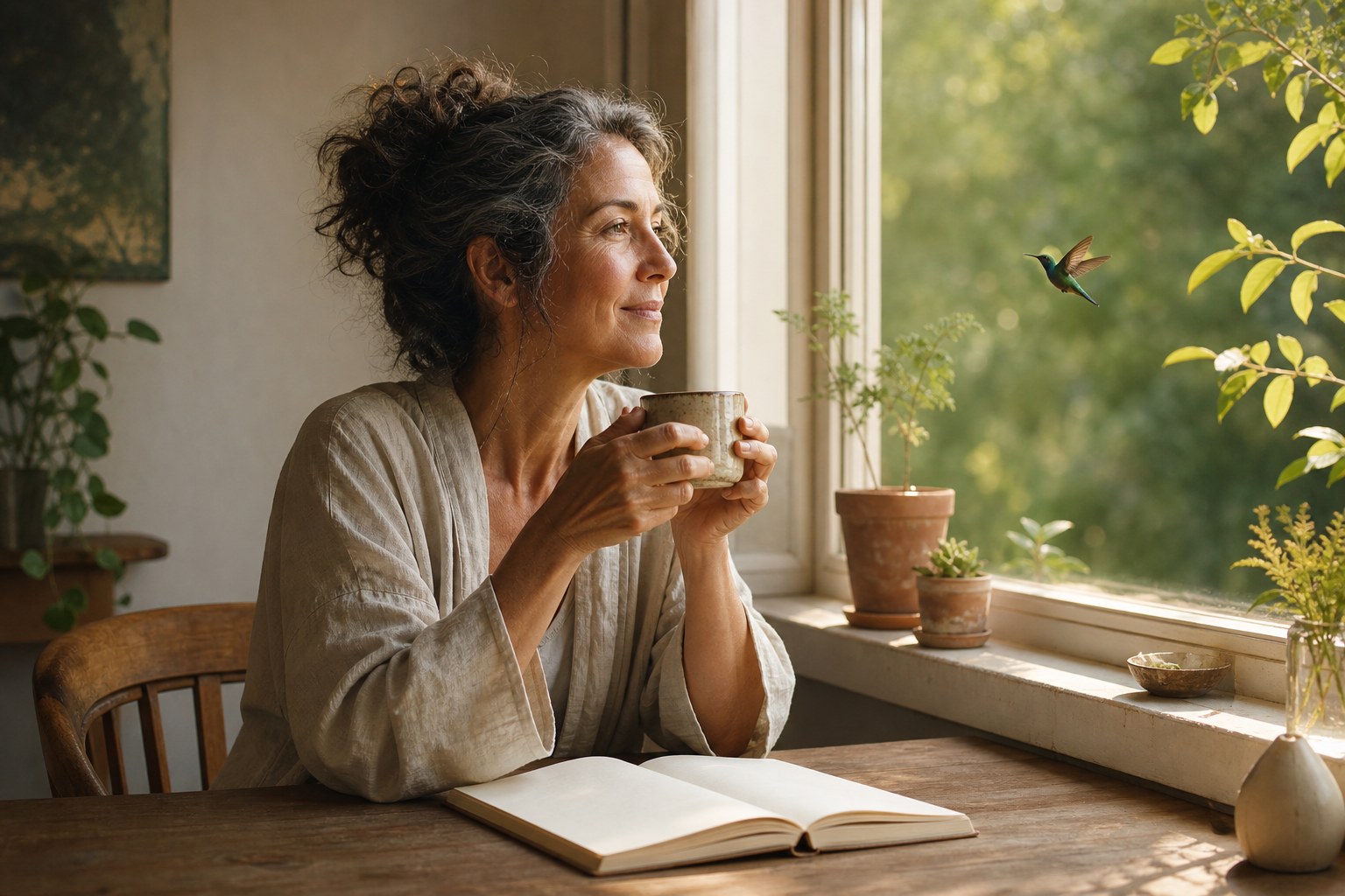 Otium: tempo restituito a te Donna sui cinquant’anni seduta al tavolo davanti alla finestra con una tazza tra le mani e un libro aperto, guarda fuori mentre un colibrì vola tra le foglie