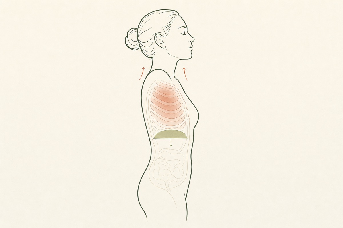Respiro alto, il diaframma scende di 1 o 2 centimetri Busto di donna con le spalle sollevate, il diaframma scende di appena 1 o 2 centimetri nel respiro alto