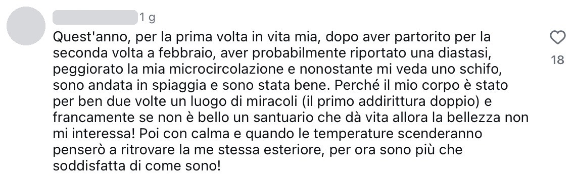 Un santuario che dà vita Commento ricevuto su Instagram, con nome e foto profilo oscurati: una donna racconta di essere andata in spiaggia serena dopo due gravidanze, nonostante la diastasi