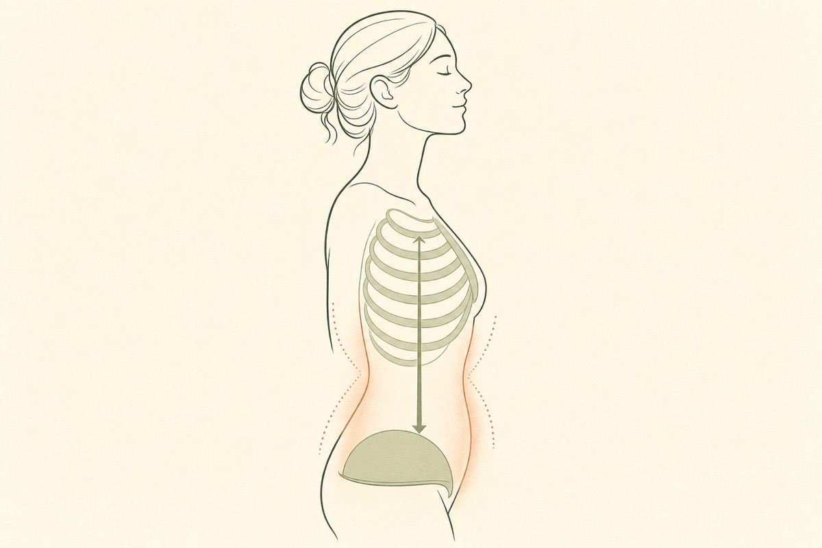 Respiro profondo, il diaframma scende fino a 9 centimetri Busto di donna con spalle rilassate e costole aperte, il diaframma scende fino a 9 centimetri nel respiro profondo