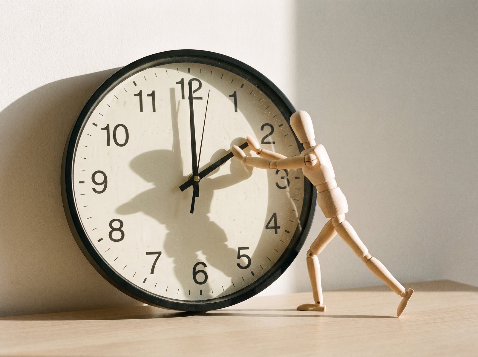 Cambio dell’ora: un’ora in più Manichino di legno che spinge indietro la lancetta di un grande orologio da parete, nella luce del mattino