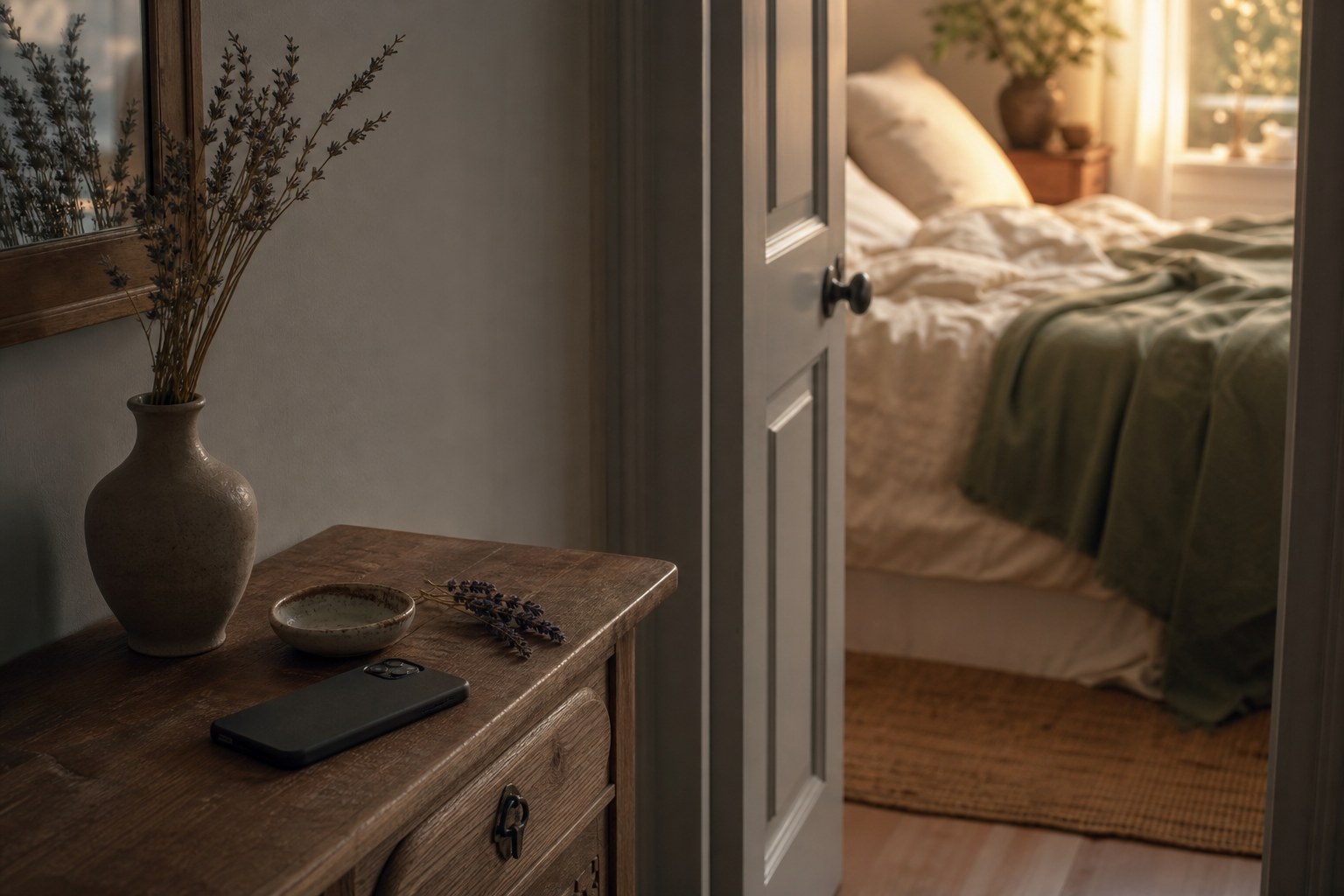 Smartphone appoggiato a faccia in giù su un mobile di legno nel corridoio, accanto a lavanda secca, davanti alla porta socchiusa di una camera da letto illuminata dalla luce del mattino