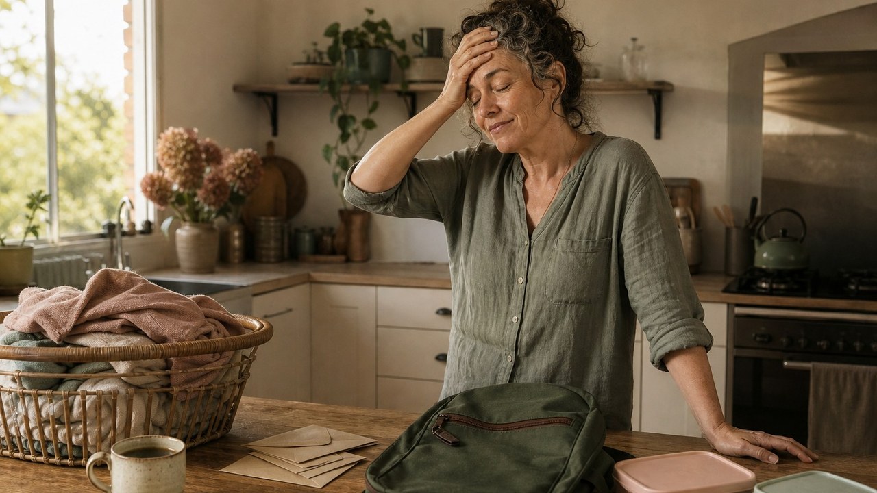 Donna sui cinquant’anni in cucina una mattina di settembre, ferma con gli occhi chiusi e una mano sulla fronte, davanti al tavolo pieno di zaino di scuola, portapranzi, buste, chiavi e cesto del bucato
