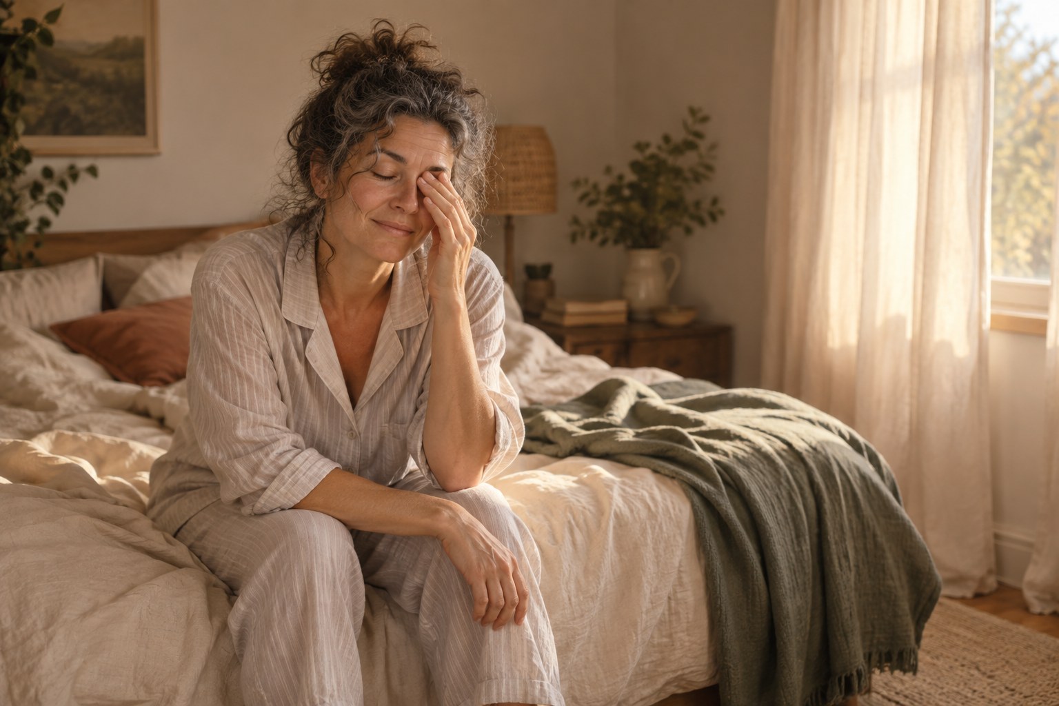 Quando la mattina non ti senti riposata Donna sui cinquant’anni seduta sul bordo del letto al mattino con una mano sugli occhi, ancora assonnata, nella luce dorata che entra dalla finestra