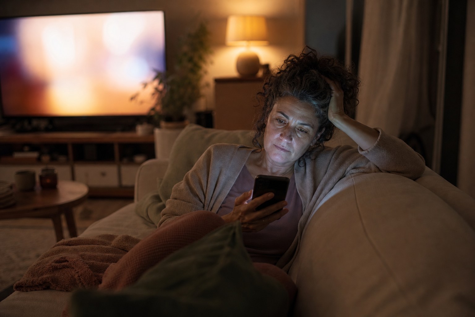 Troppi stimoli, zero spazio: la sera davanti allo schermo Donna sui cinquant’anni sdraiata sul divano al buio, illuminata dalla luce fredda dello smartphone mentre la TV resta accesa alle sue spalle, con espressione stanca e assente