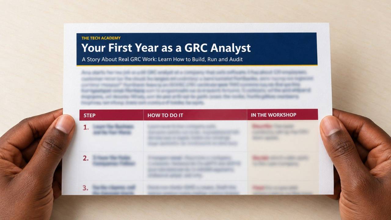 Hands holding a cropped preview of the GRC analyst guide