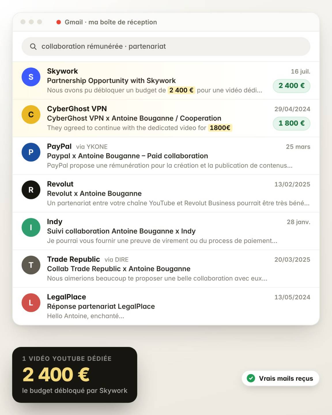 Extraits réels de ma boîte mail : propositions de partenariat de Skywork (2 400 € pour une vidéo), CyberGhost VPN (1 800 €), PayPal, Revolut, Indy, Trade Republic et LegalPlace