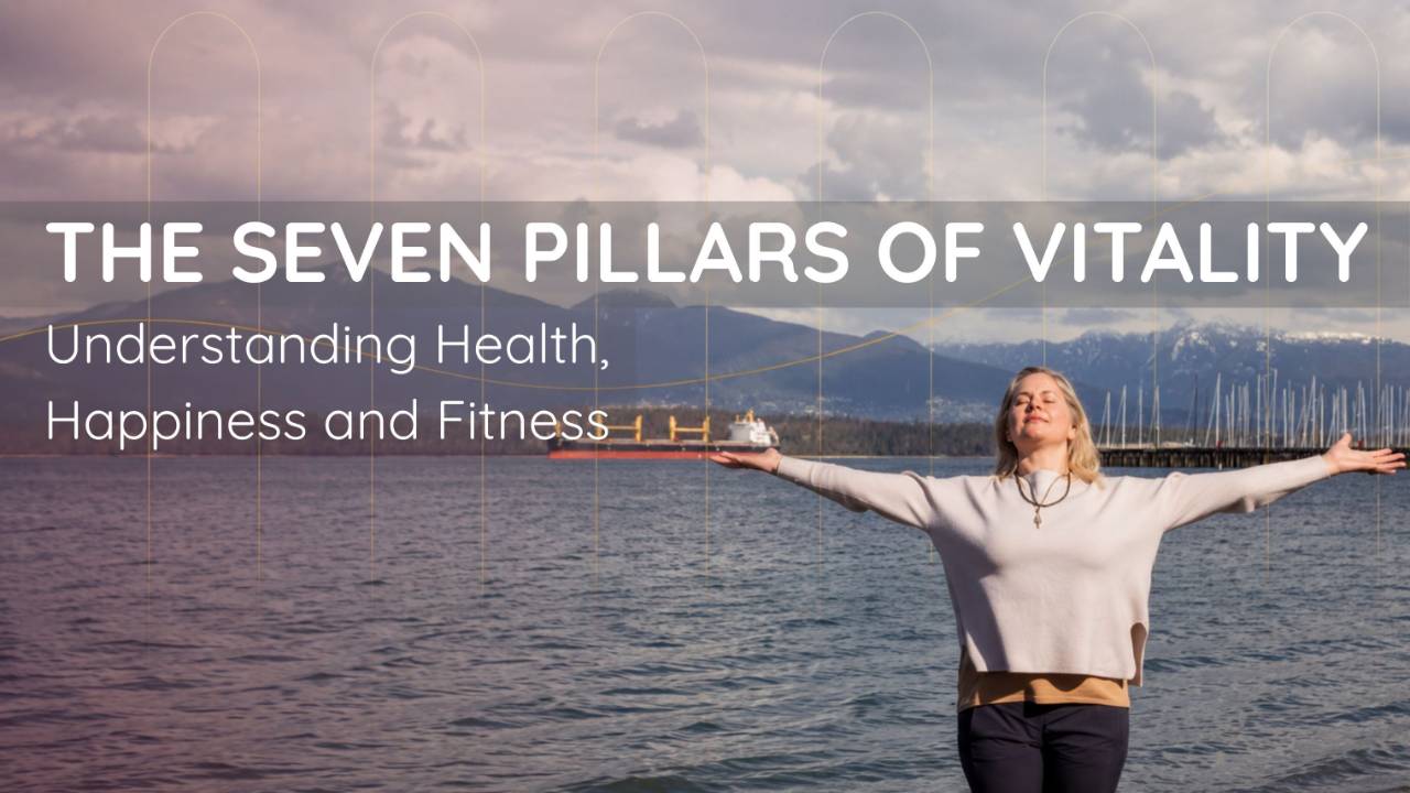Marla Love with seven golden pillars representing nourishment, rest, breath, movement, connection, inner life and challenge.