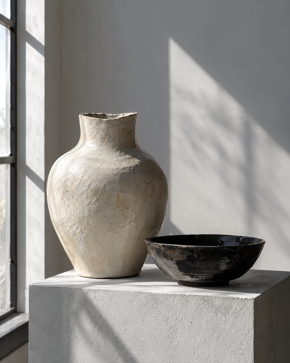 Ivory ceramic vessel and dark bowl beside a window