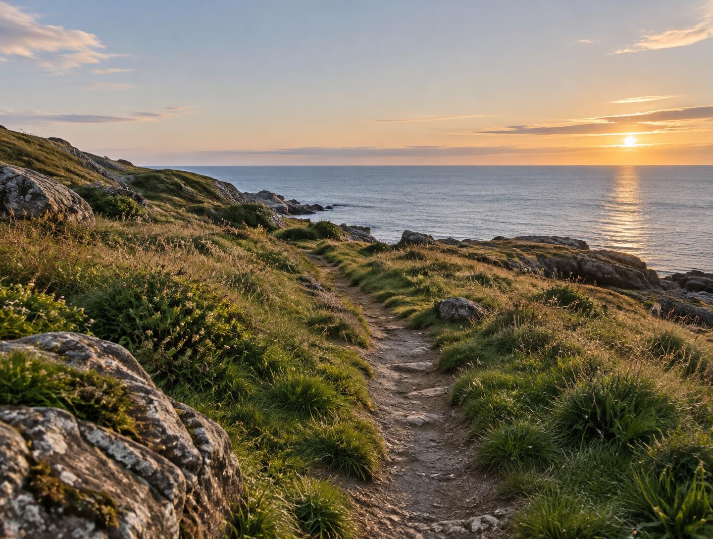 Illustrative coastal path at sunset, not an actual retreat location