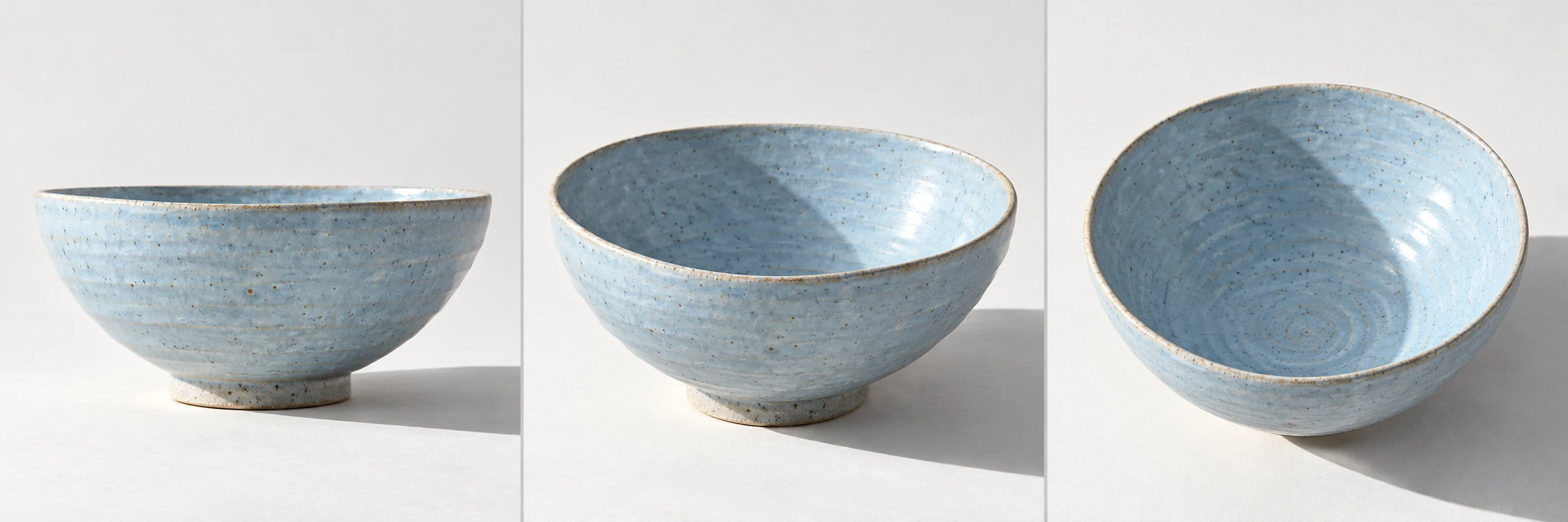 AI-generated viewpoint illustration: three different views of the same pale blue bowl