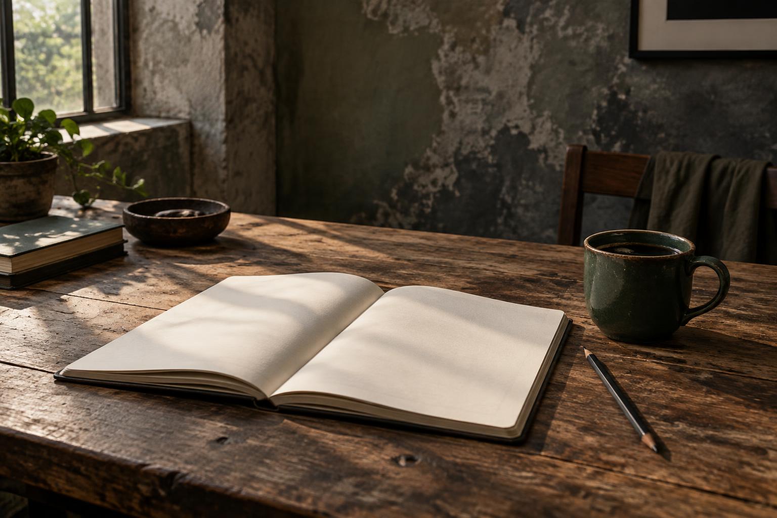 Illustrative blank workbook and pencil on a table