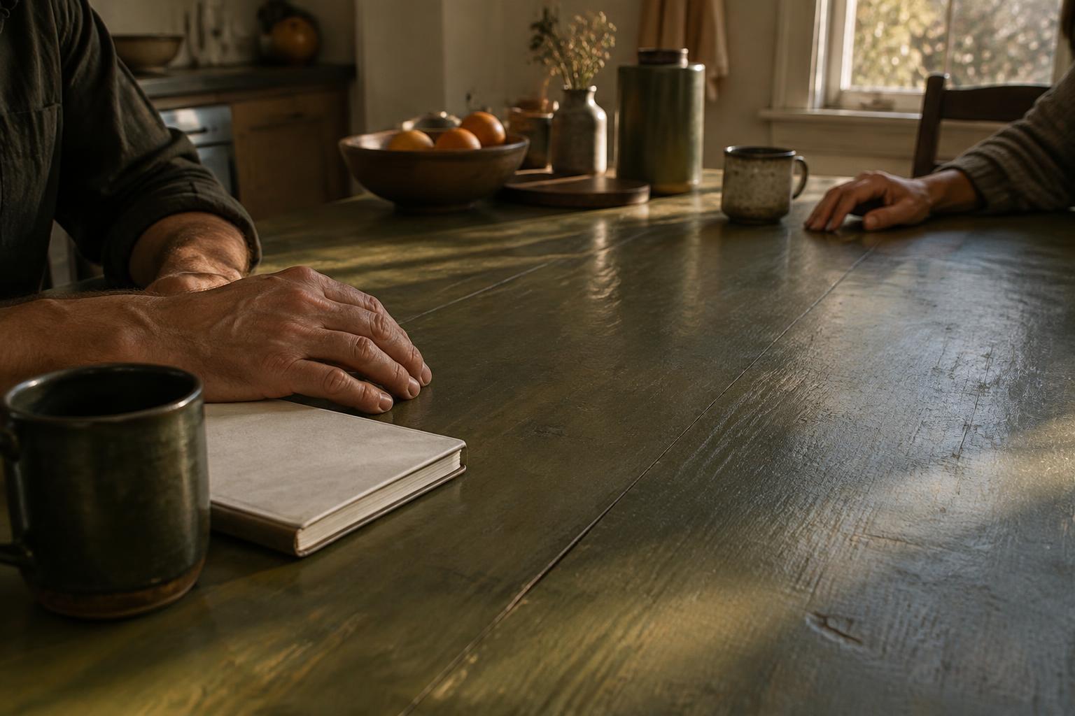 Illustrative scene of two people at a kitchen table