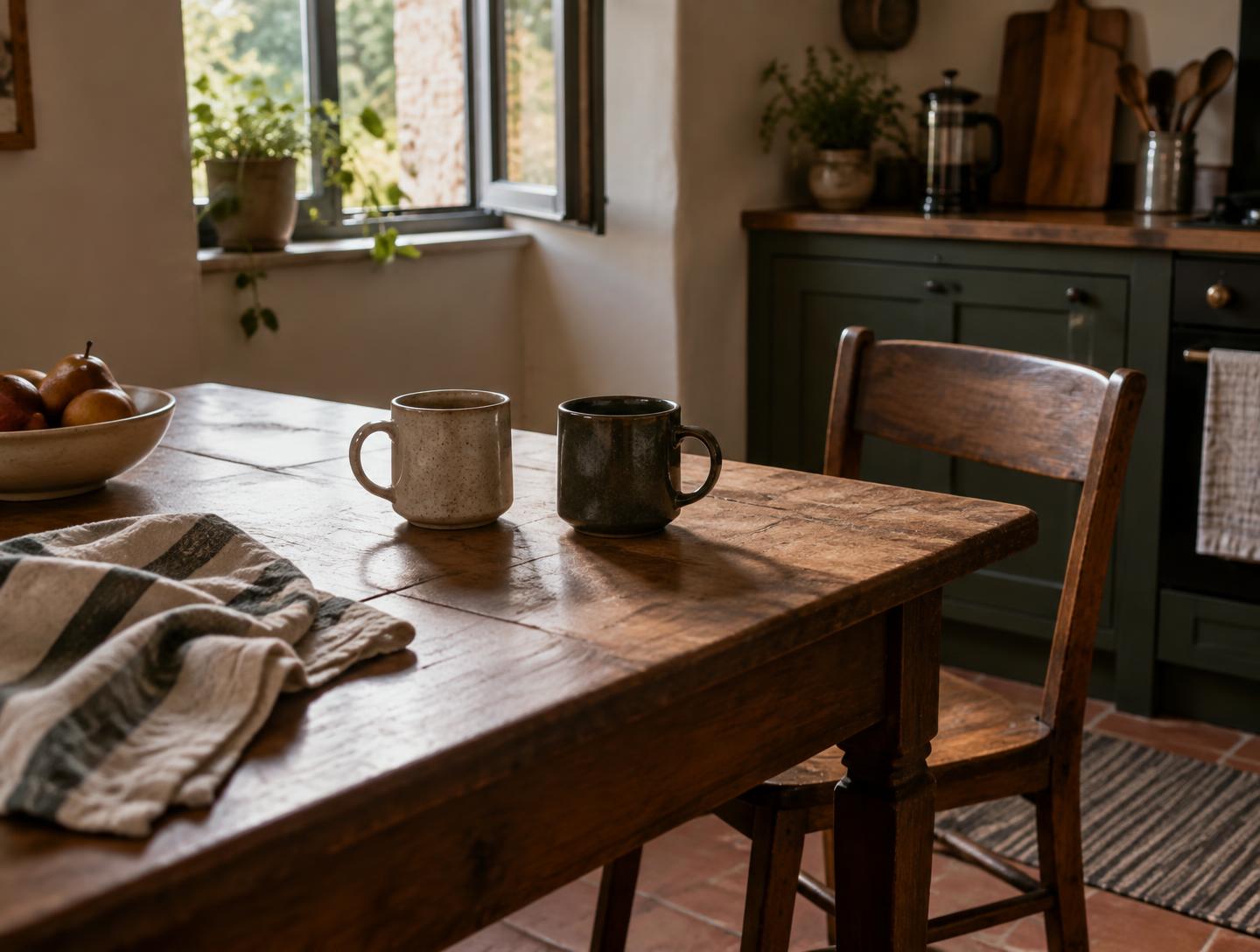 Illustrative everyday kitchen scene with two mugs on a table