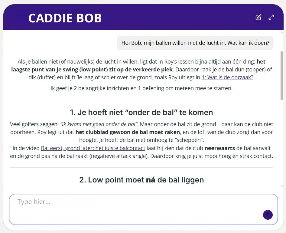 Voorbeeld van een vraag en lesadvies in Caddie Bob