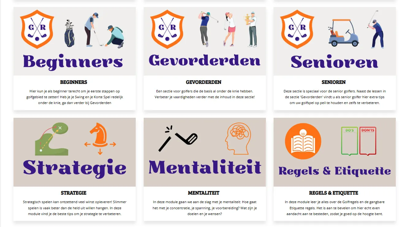 Overzicht van Golfrijk-lessen voor beginners, gevorderden en senioren, plus strategie, mentaliteit en regels en etiquette