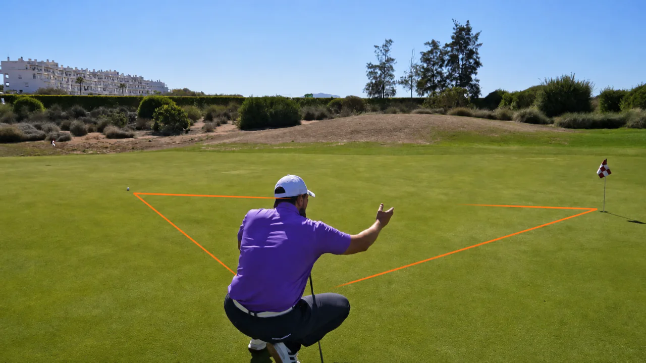 Roy bekijkt een putt vanaf de lage zijde van de driehoek tussen bal en hole