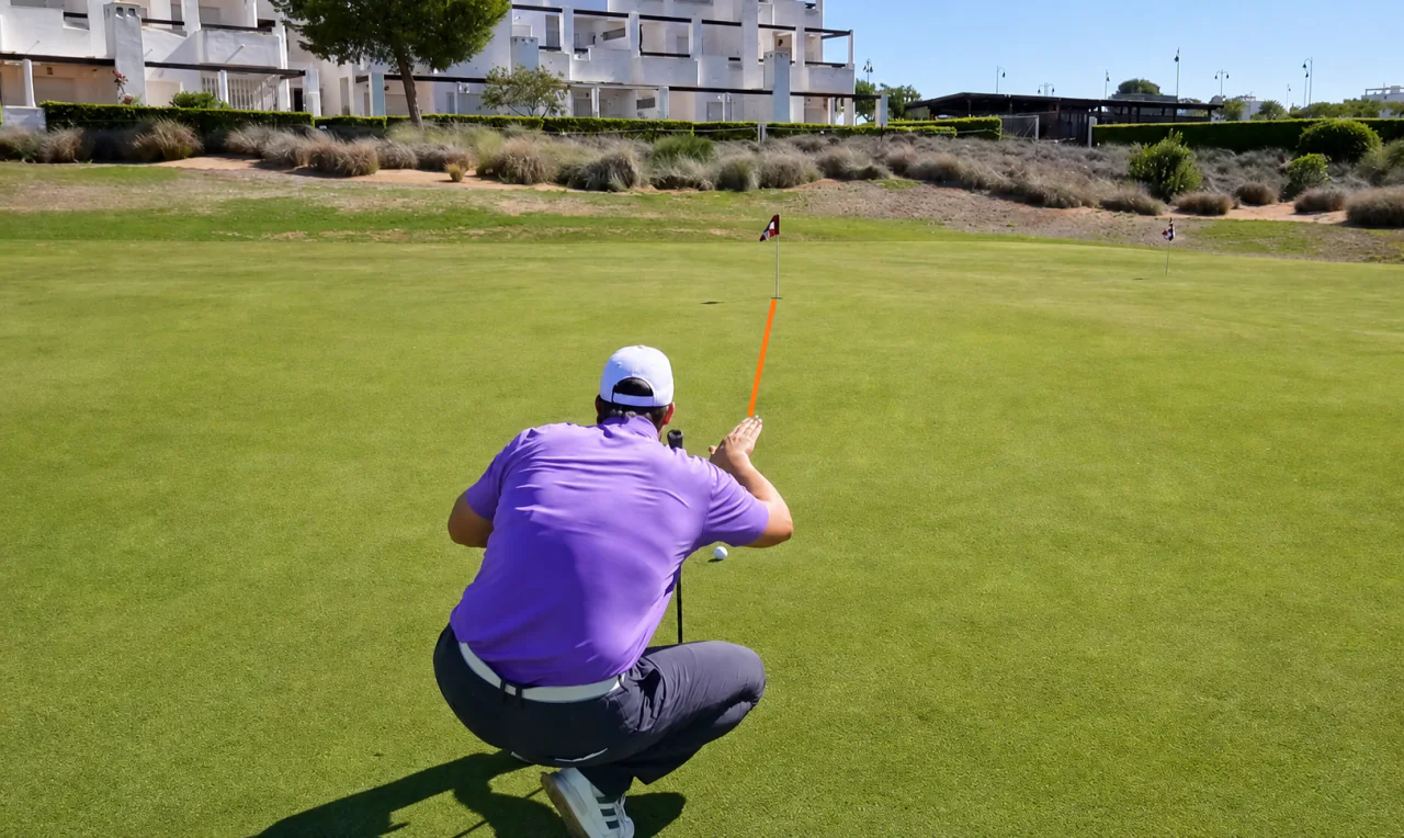 Roy kijkt laag van achter de golfbal langs de gekozen puttlijn naar de hole