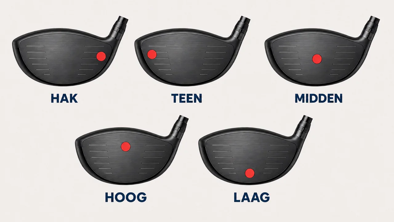 Raakpunt op hak, teen, midden, hoog en laag van een driverblad