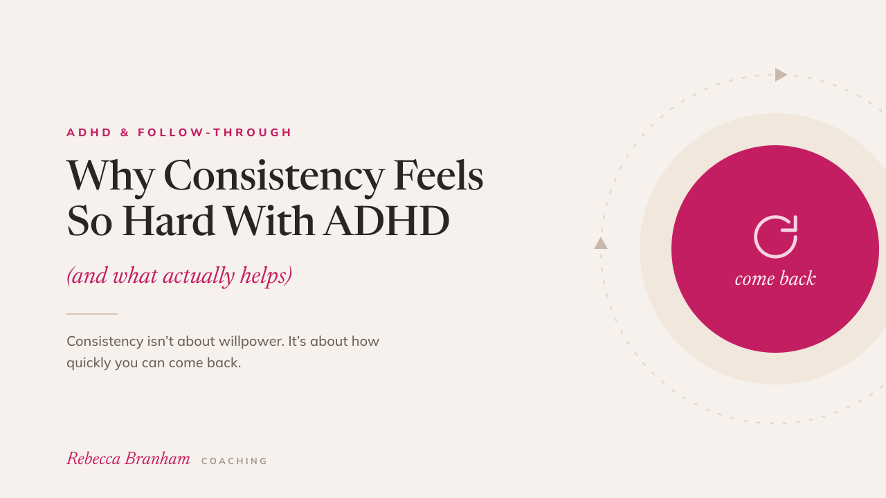 Pink graphic with the text 'What no one tells you about consistency (especially if you're neurodivergent)' from rebeccabranham.com—support for ADHD entrepreneurs