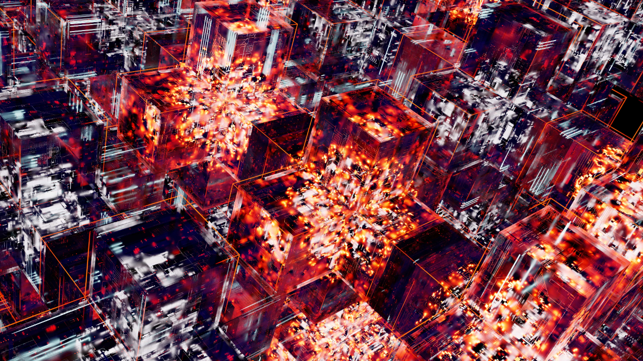 Futuristic matrix-like web of cubes symbolizing artificial intelligence, self-improvement, and personal growth.