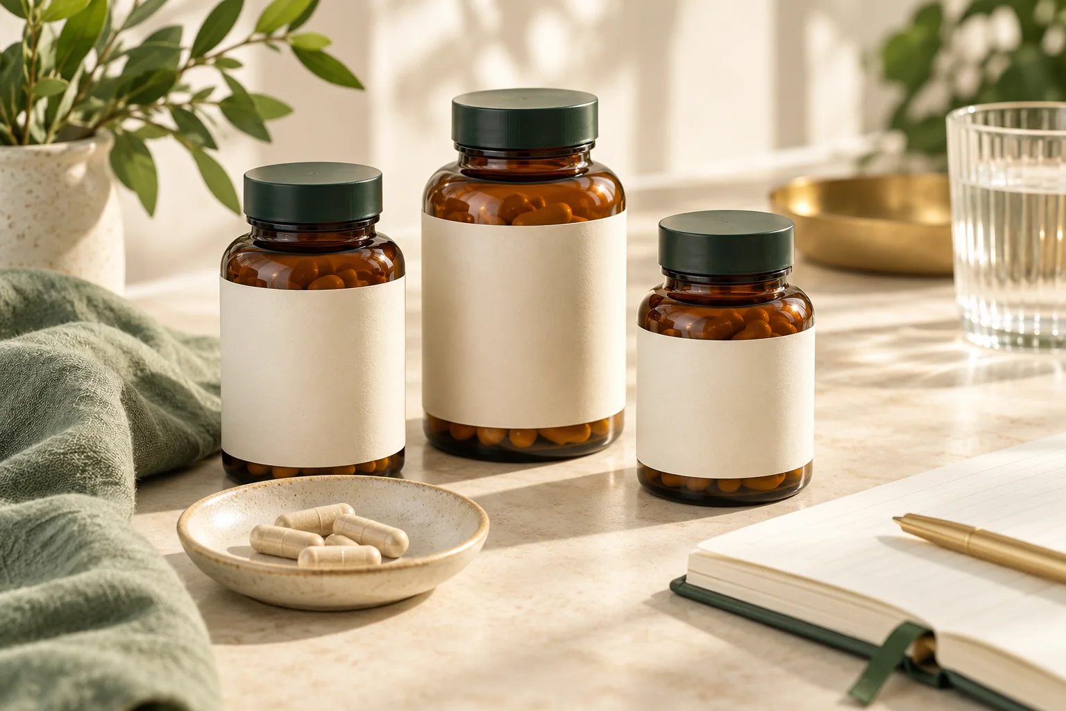 Illustrative amber supplement bottles, neutral capsules, and a health notebook on a cream surface.