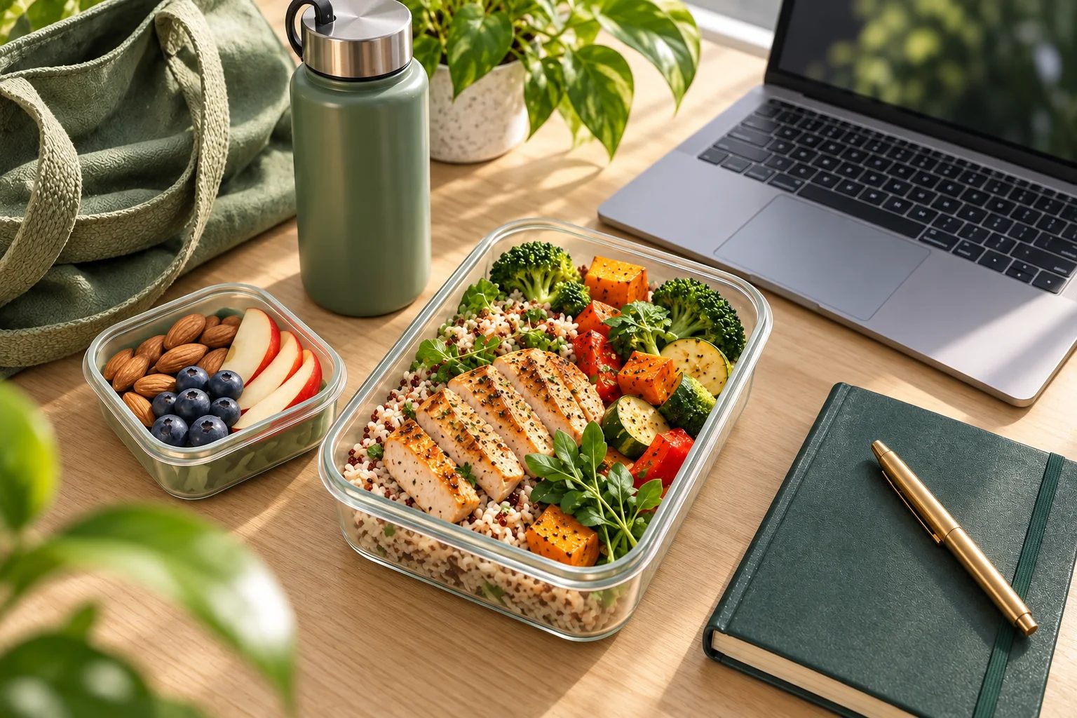 Image of a prepared lunch and snack beside a modern laptop and work planner.