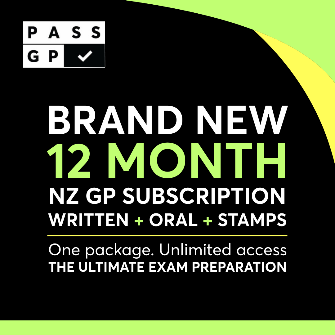 PassGP 12-Month NZGP Fellowship Package offering AKT, KFP, and CCE preparation with free 1:1 mock exam, video reel series, and continuous Chief Examiner support.