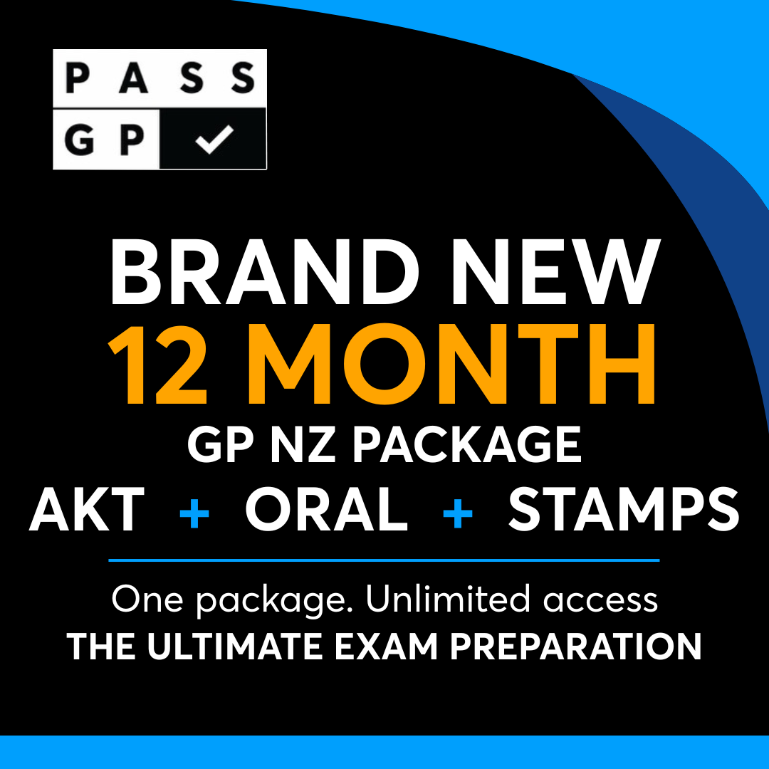 PassGP 12-Month NZGP Fellowship Package offering AKT, KFP, and CCE preparation with free 1:1 mock exam, video reel series, and continuous Chief Examiner support.
