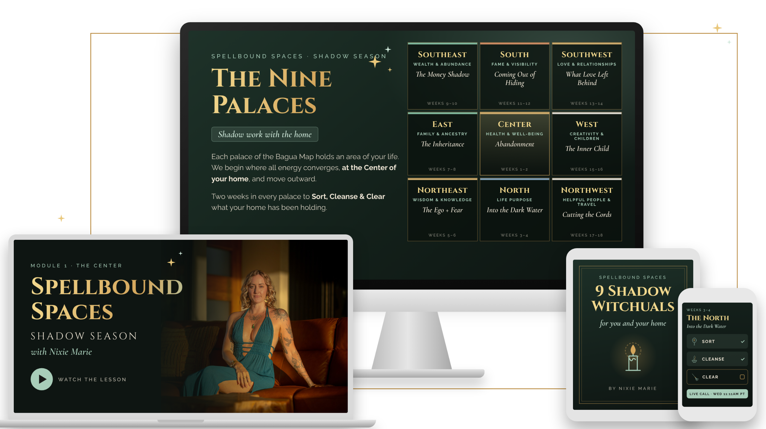 Spellbound Spaces Shadow Season course on desktop, laptop, tablet and phone: the Nine Palaces lesson, Module 1, the Shadow Witchuals and the Sort, Cleanse, Clear checklist