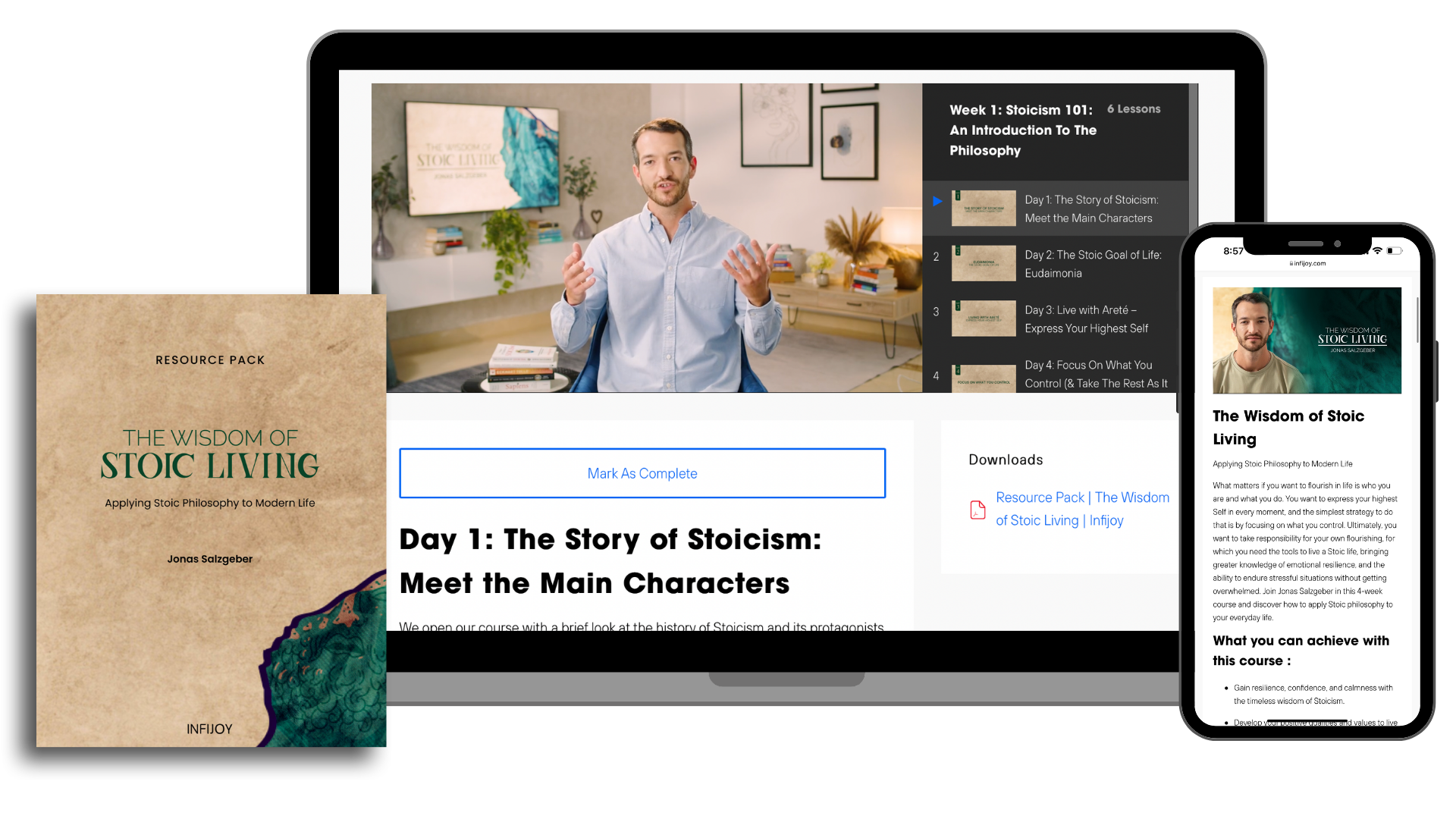 The Wisdom of Stoic Living shown across digital devices
