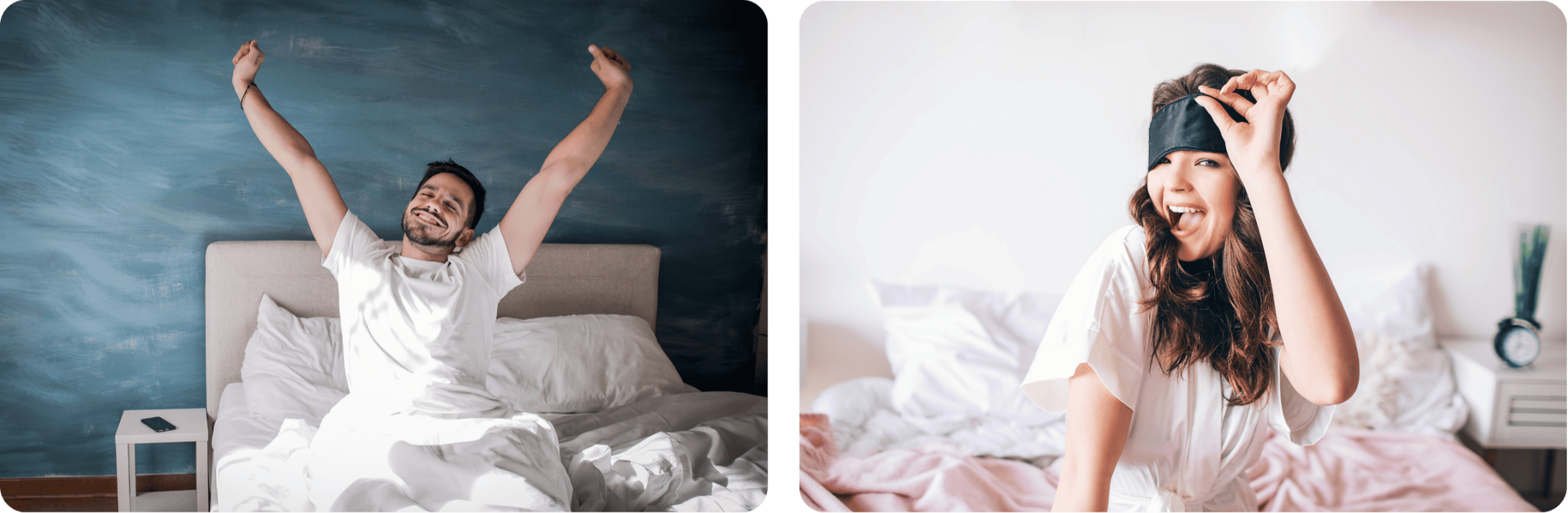 Two people waking with energy after a restorative night of sleep