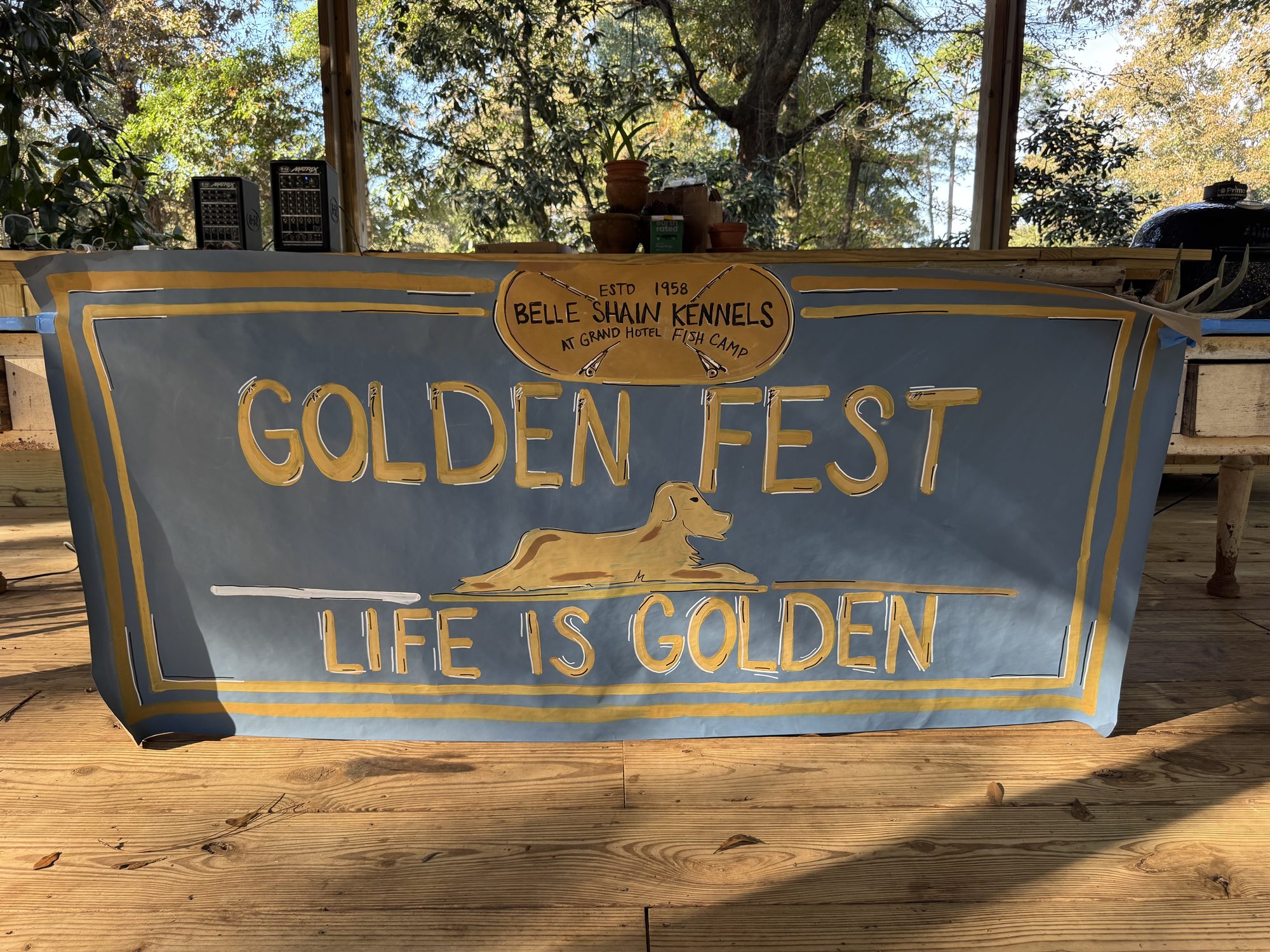 Hand-painted Golden Fest, Life is Golden banner at Belle Shain