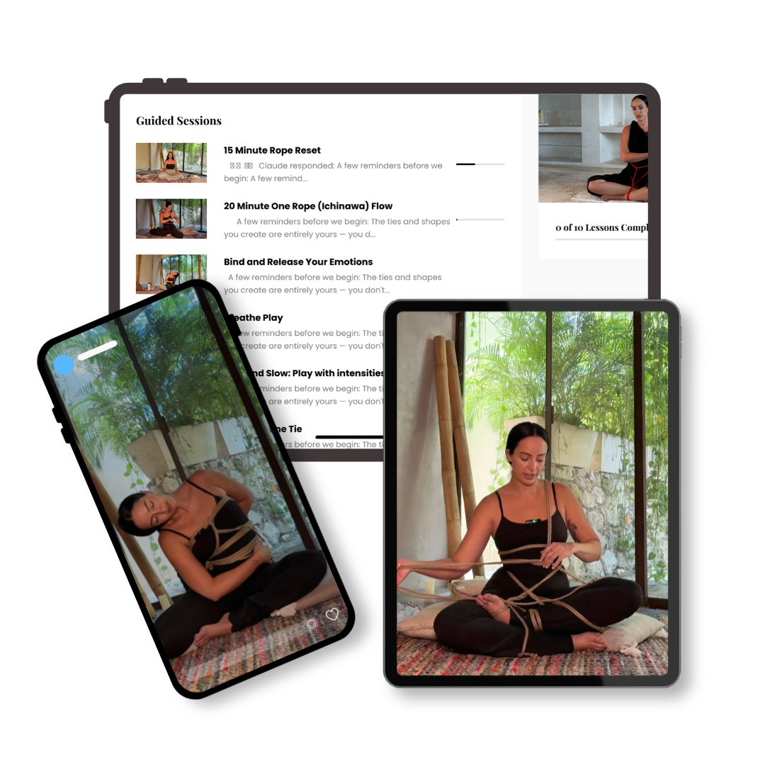 product image of Julieta chiara's nawafoundation course and what it looks like inside with each module, Julieta chiara sitting in ropes wearing a black outfit meditating, leg bound with rope