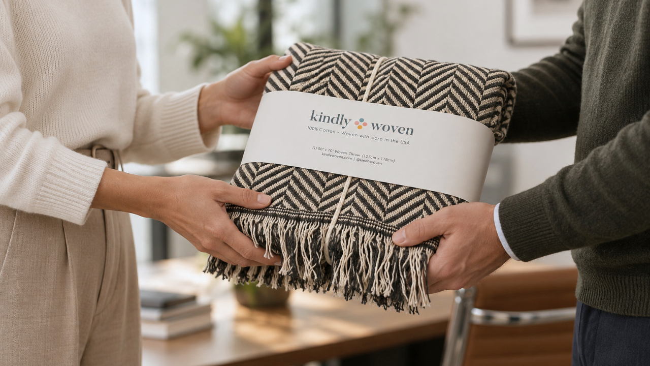 Two people exchanging a gift of a kindly woven blanket.
