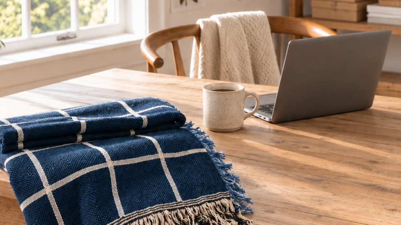Blue and white woven throw blanket with fringe draped over a wooden table beside a laptop and coffee mug in a bright, sunlit studio.
