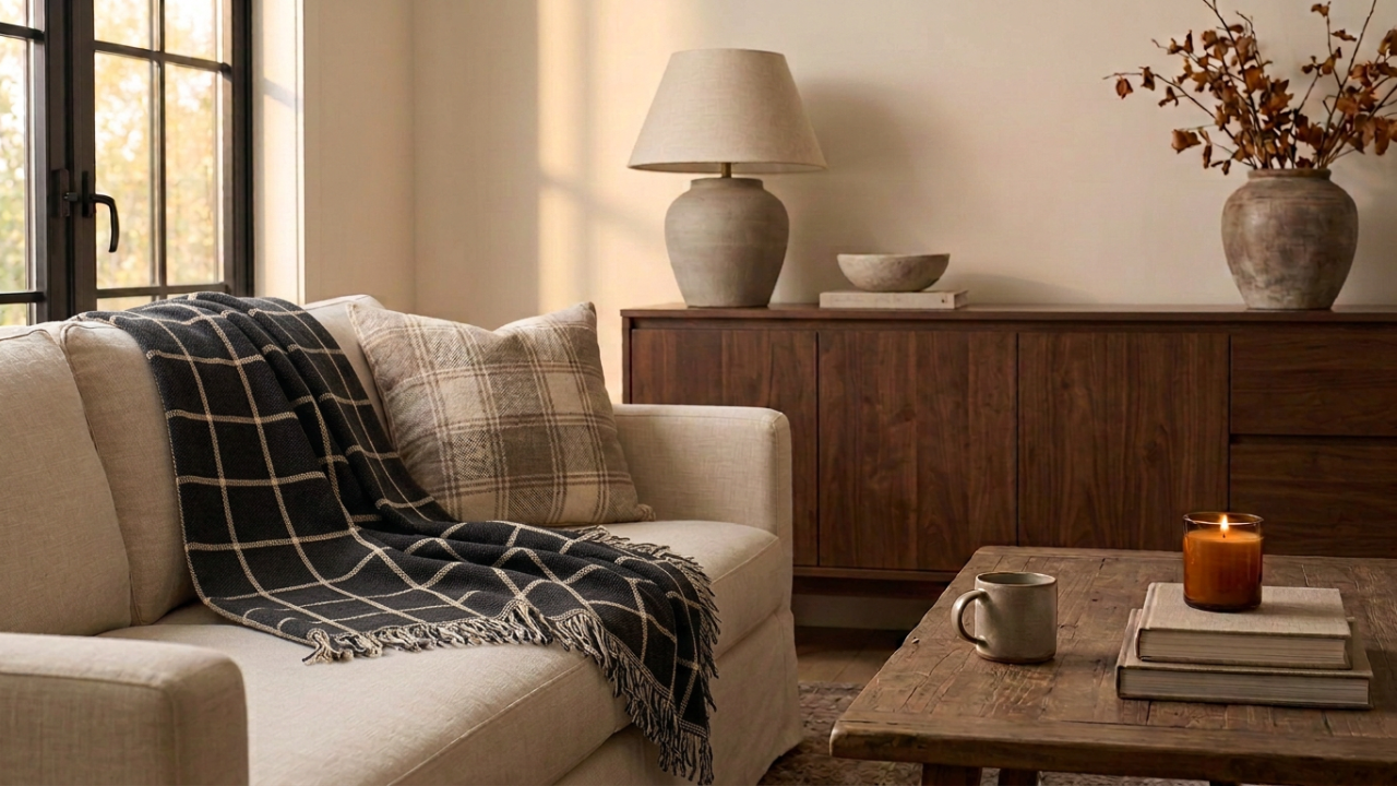 Modern neutral living room with throw blanket draped over the couch.