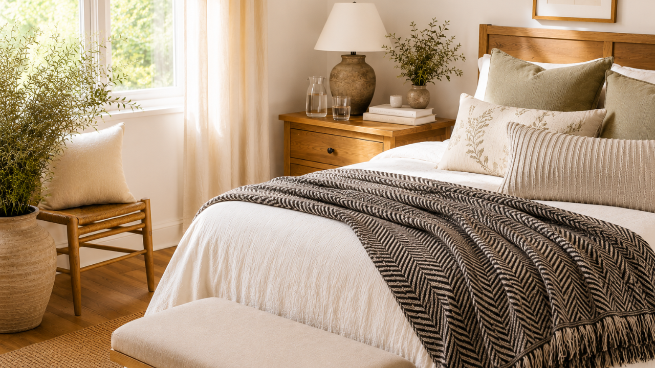 Guest bedroom with blanket draped over the foot of the bed.