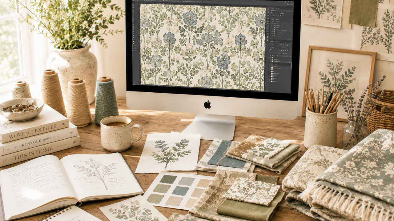 View of designers desktop including notebooks, fabric swatches, and a computer displaying floral pattern in repeat.