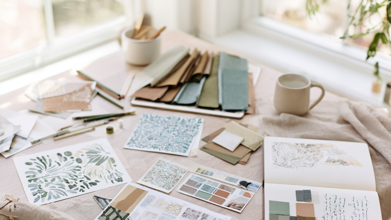 Overhead close-up of a surface pattern designer's workspace with artwork and fabric swatches
