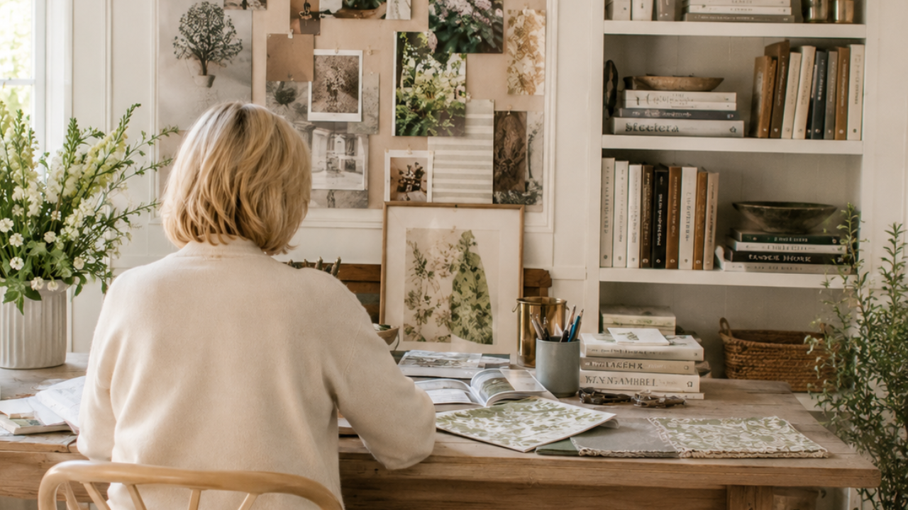 View from behind of middle age woman sitting at desk.