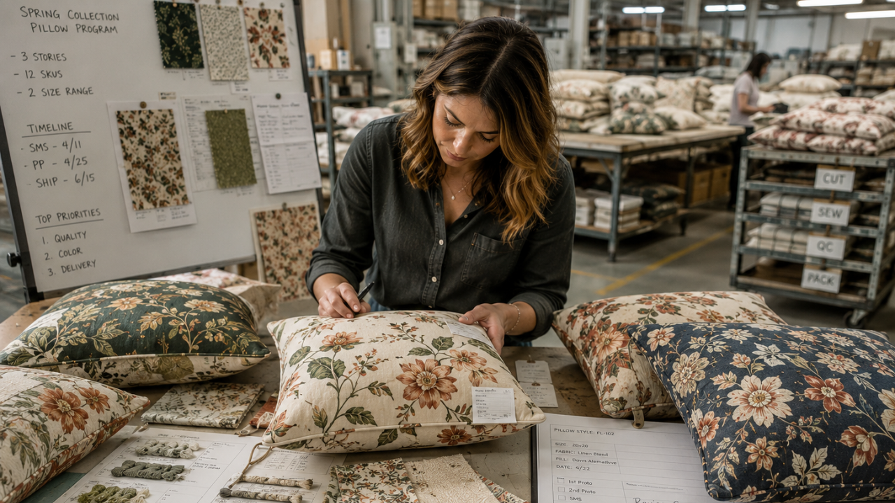 woman sitting at desk reviewing floral pillow samples