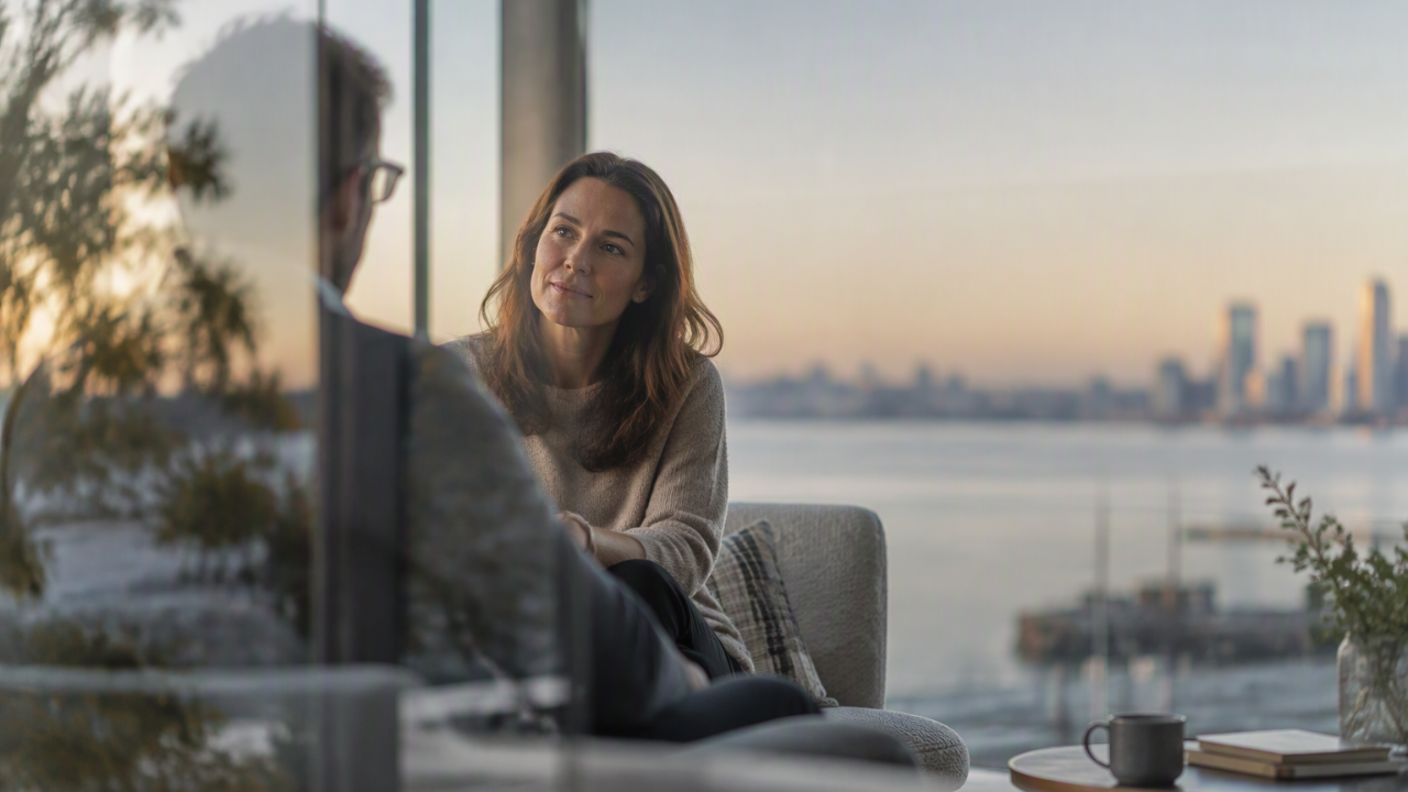 Two professionals having a quiet conversation in a modern setting, viewed through glass with reflections partially obscuring one person.
