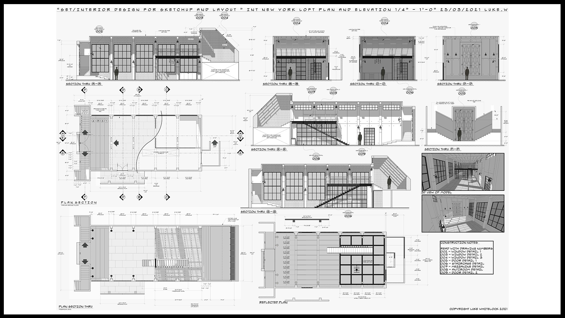 A picture of the drawing we will complete in the tutorial. a construction drawing plan and elevation of a New York loft apartment
