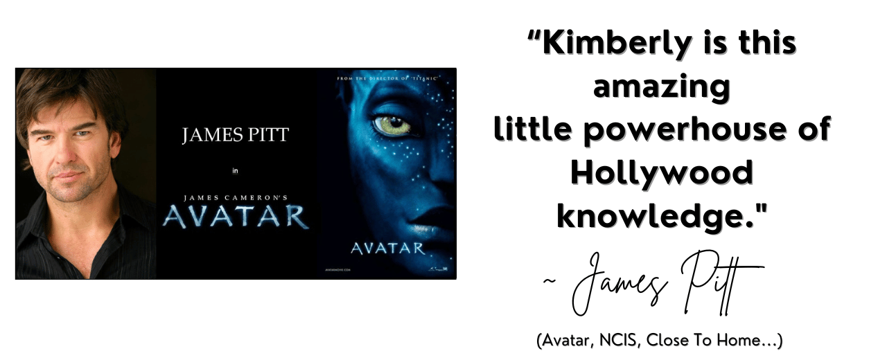 Publicity red carpet photograph of actor James Pitt with the quote in text, "Kimberly is this amazing little powerhouse of Hollywood knowledge."